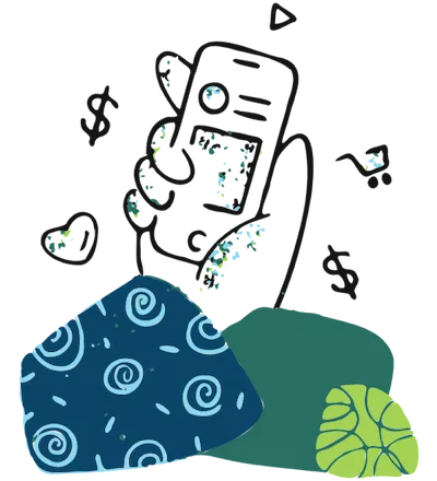 Illustration of a hand holding mobile device meant to symbolize the ROI of good web design.
