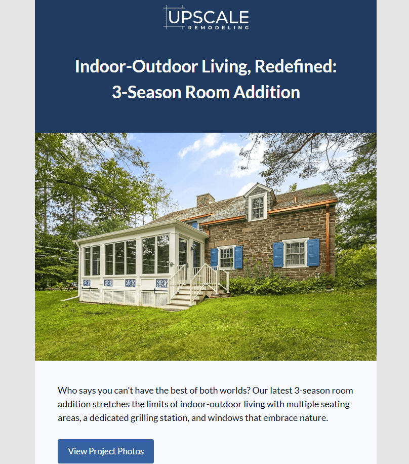 Email newsletter layout for an indoor-outdoor living room addition project