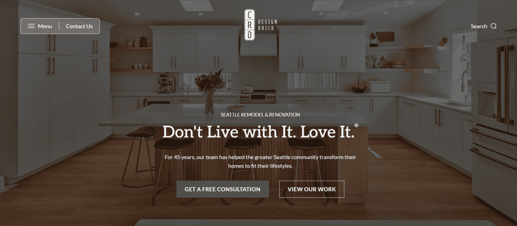 CRD Design Build homepage hero with kitchen background and call to action