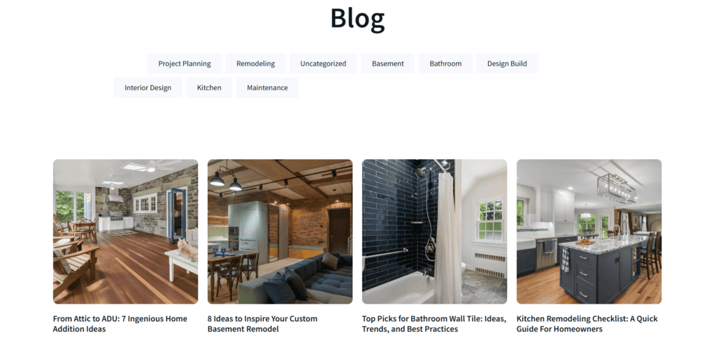 Website blog page with home remodeling article cards