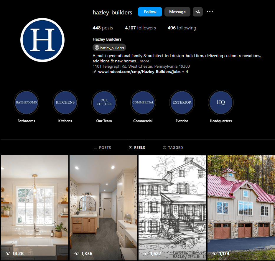 Instagram profile page for a remodeling company with project thumbnails