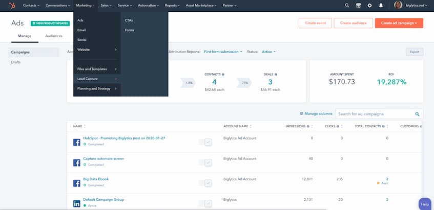 Hubspot Marketing Hub dashboard