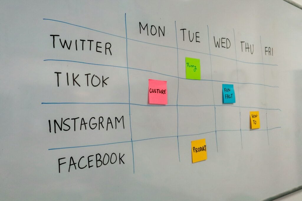 Whiteboard social media content calendar with weekly posting notes