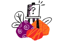 Line drawing of an easel with a question mark on it, decorated by colorful shapes and patterns