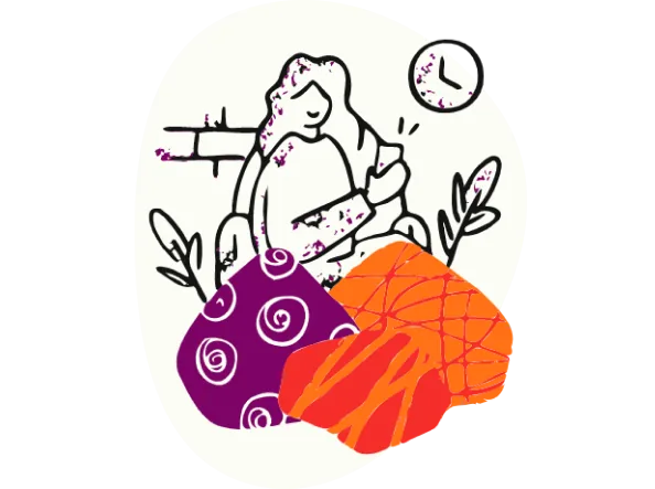 Line drawing of a person holding a mobile device with a clock in the background