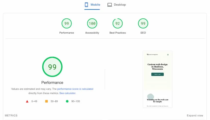 Near perfect Google PageSpeed score for a web design agency specializing in small business website design