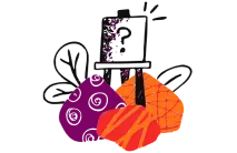 Line drawing of an easel with a question mark on it, decorated by colorful shapes and patterns